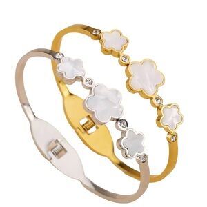 Mother of Pearl Triple Flower CZ Bangle Stainless Steel